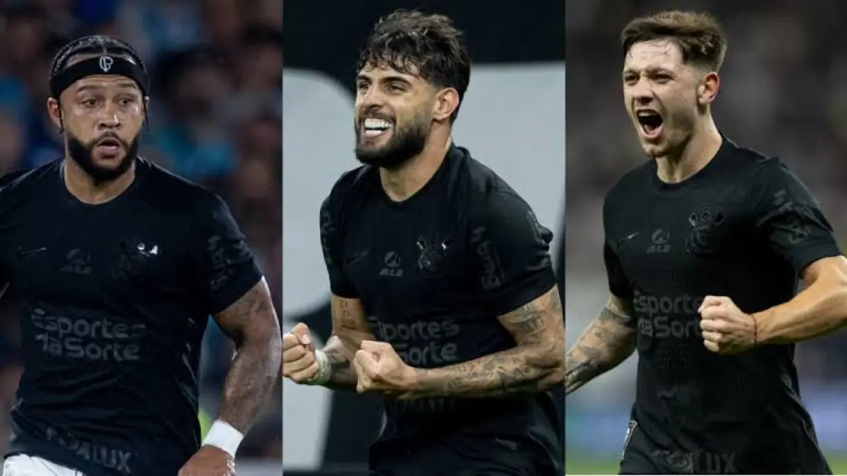 Trio formado por Yuri Alberto, Memphis Depay e Rodrigo Garro esteve em campo na vitória do Corinthians sobre o Santos | Divulgação/Corinthians