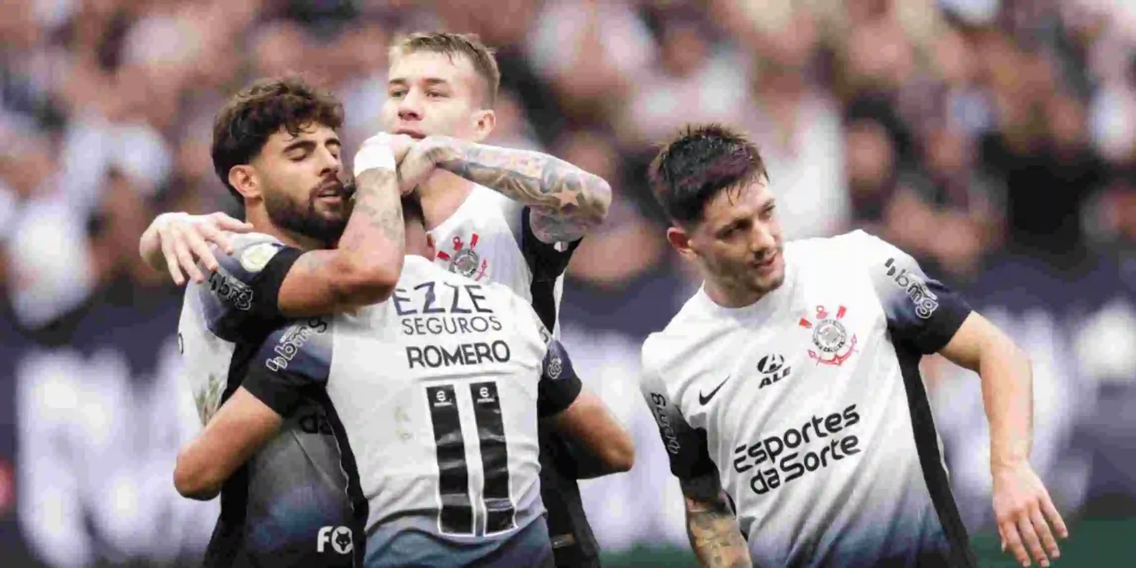 Na imagem, alguns jogadores do Corinthians, como Romero e Yuri, comemoram um gol marcado. Foto: Reprodução